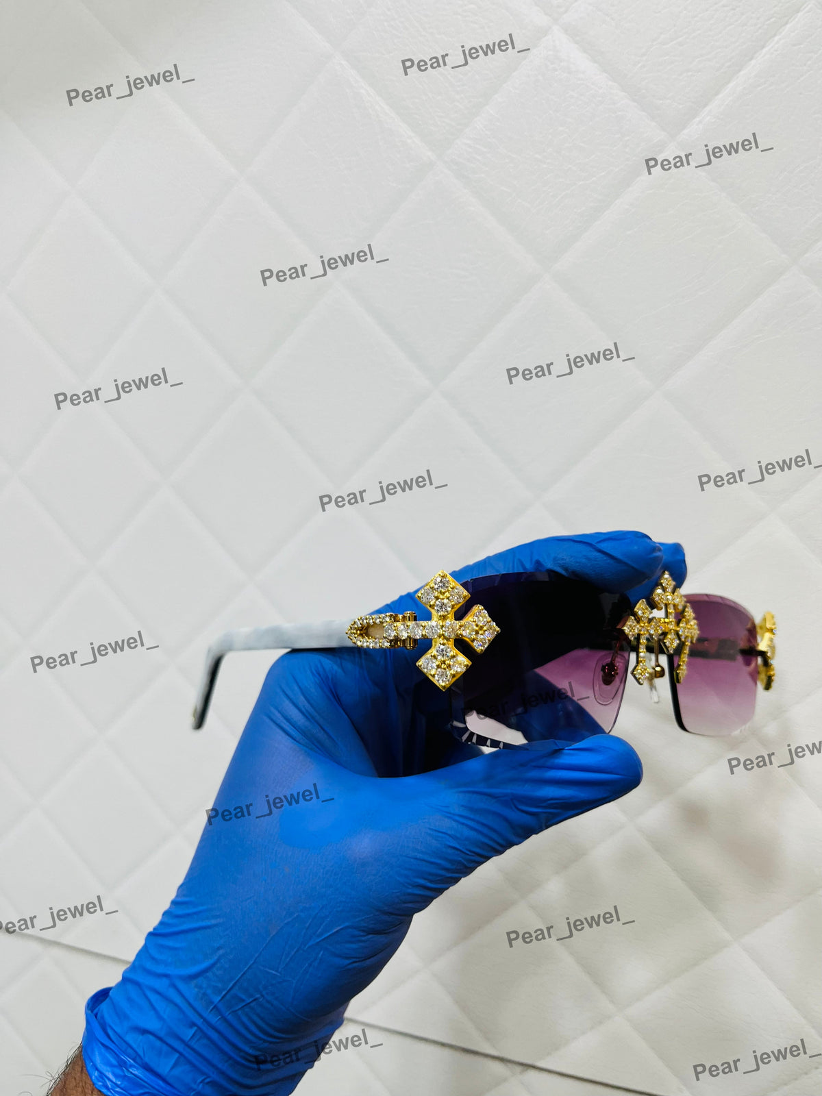 Iced Out VVS Moissanite Diamond Purple Rimless Silver Luxury Sunglasses