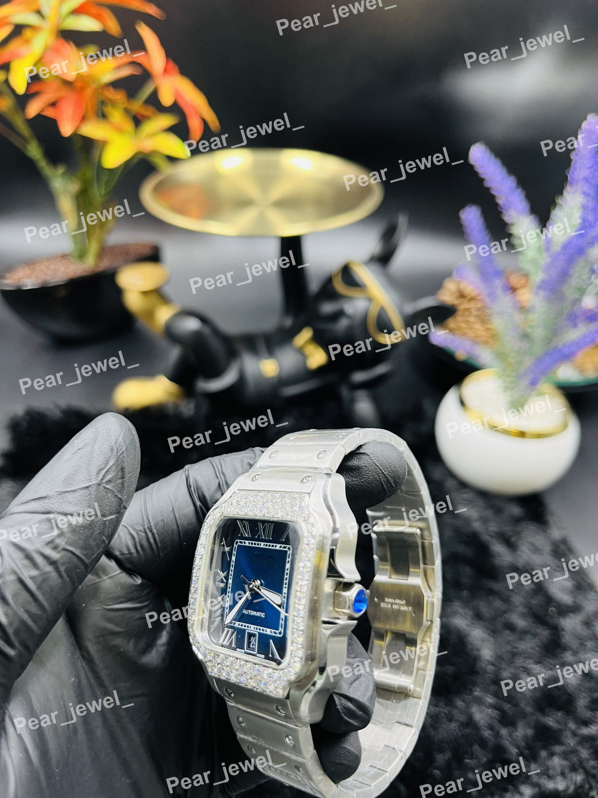 Iced Out Automatic Blue Dial Watch Moissanite Diamond Bezel Luxury Square Case