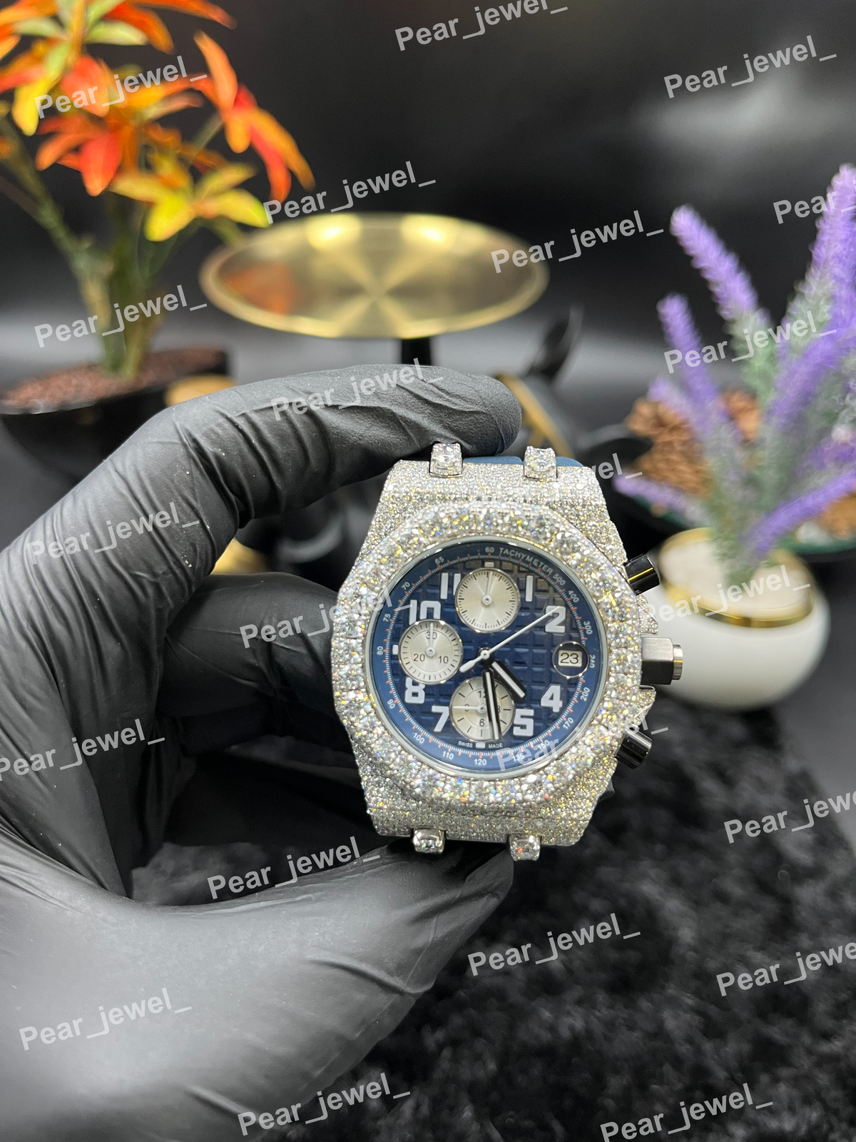Iced Out Stainless Steel Choronogrph With Blue Dial Bezel VVS Moissanite Watch