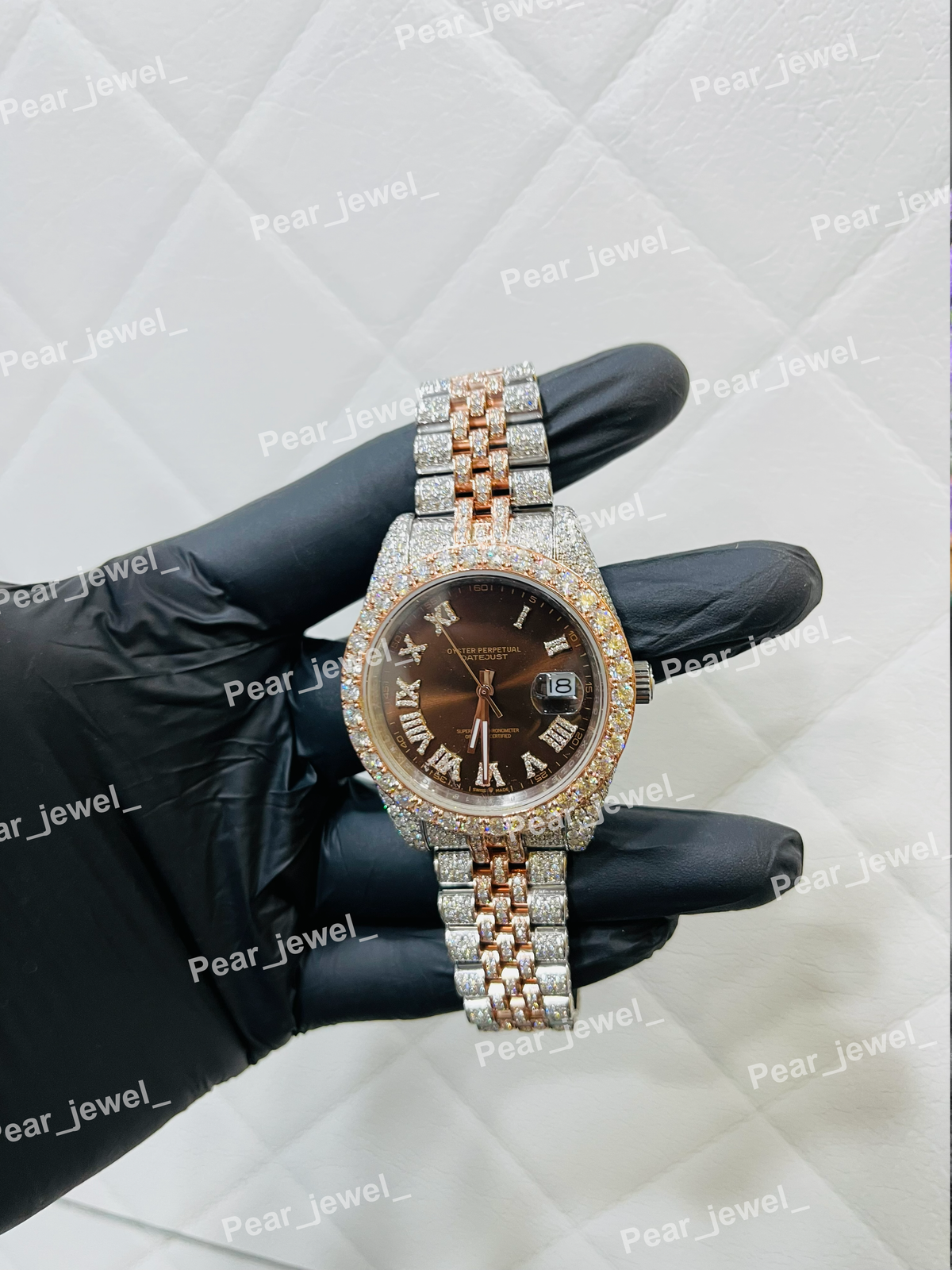 Iced Out Stainless Steel Moissanite Diamond Watch With Brown Dial