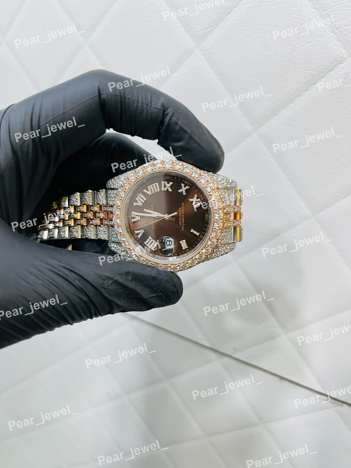 Iced Out Stainless Steel Moissanite Diamond Watch With Brown Dial