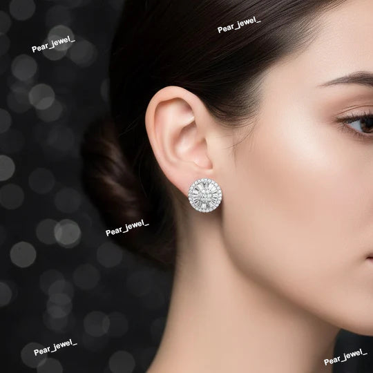 Silver Moissanite Diamond Iced Floral Stud Earring Set