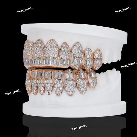 Iced Out Grillz Set Moissanite Diamond Look 925 Silver Teeth Jewelry