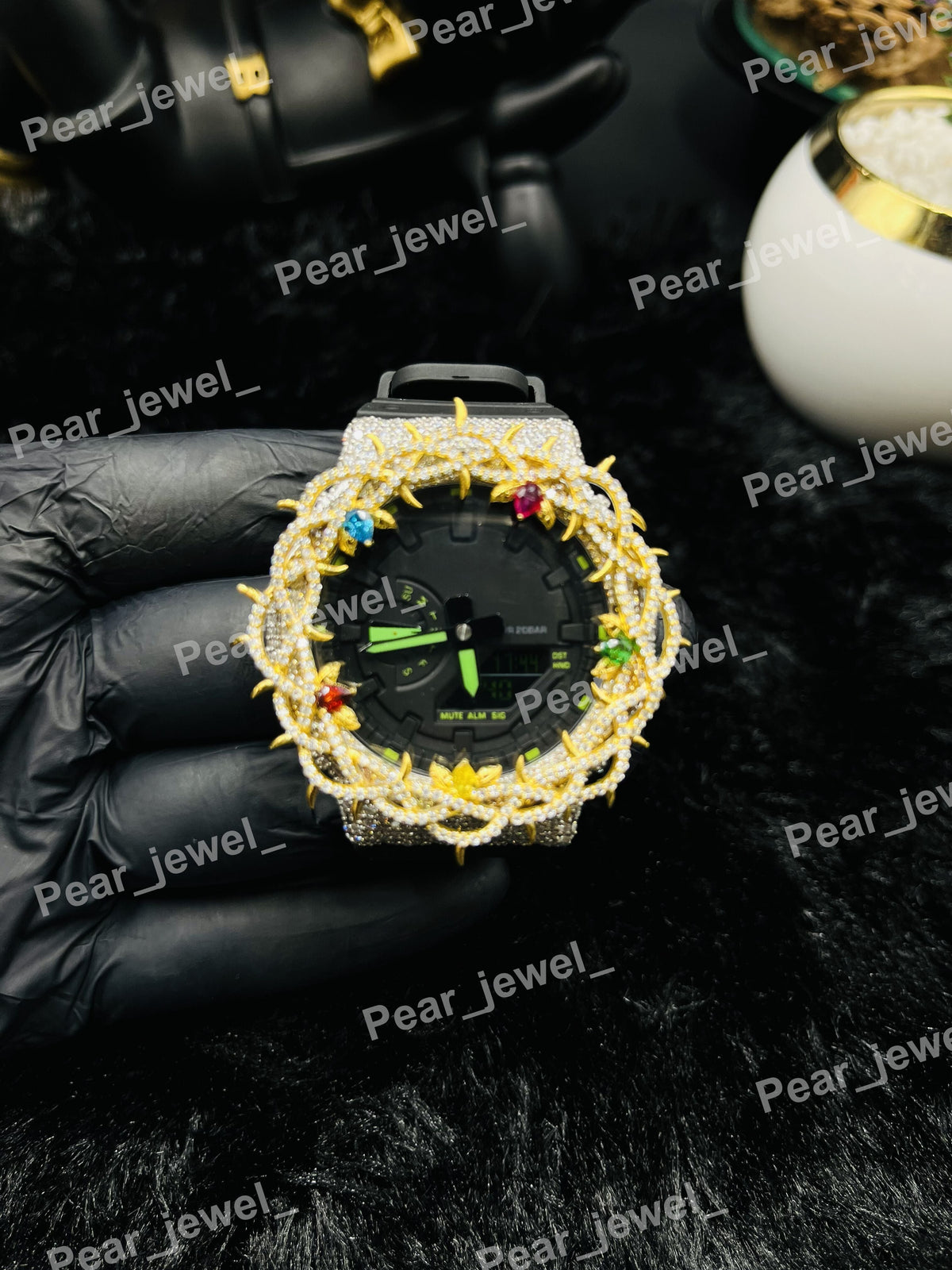 Iced Out Thorn Bezel Watch With Colour Stone Luxury Statement Watch
