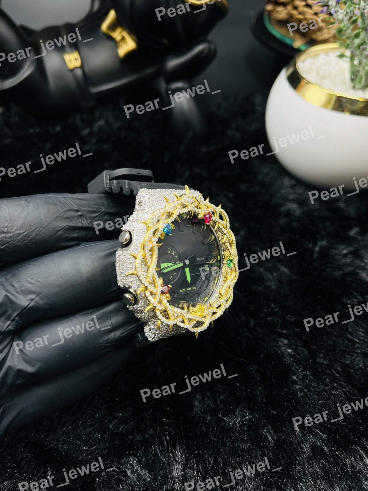 Iced Out Thorn Bezel Watch With Colour Stone Luxury Statement Watch