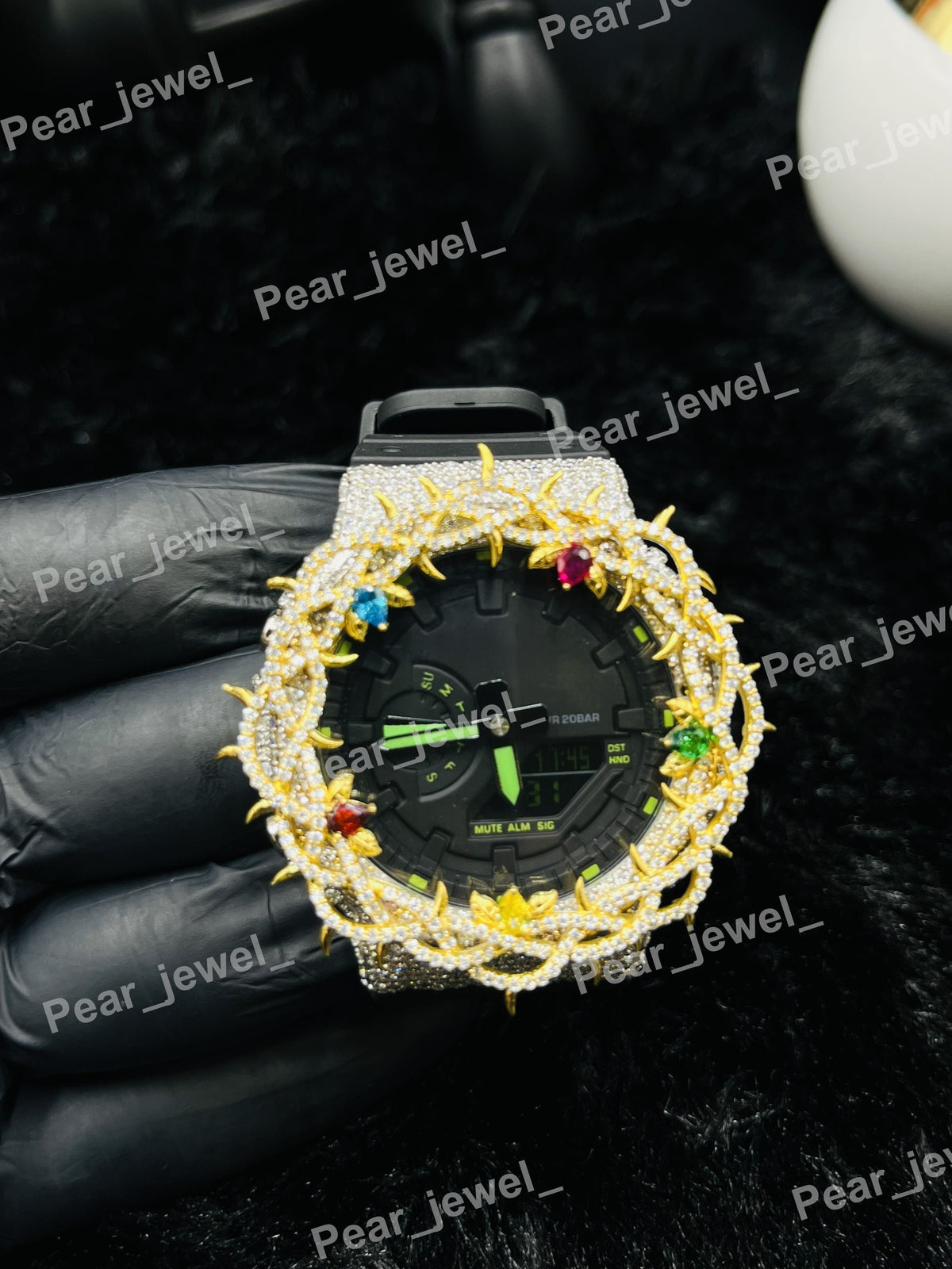 Iced Out Thorn Bezel Watch With Colour Stone Luxury Statement Watch