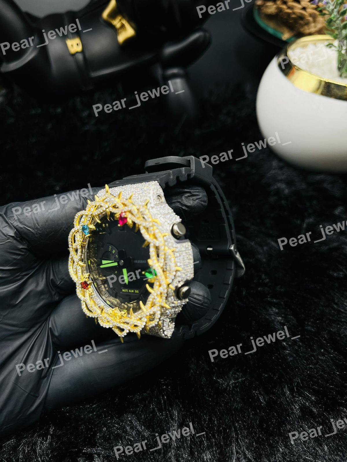 Iced Out Thorn Bezel Watch With Colour Stone Luxury Statement Watch