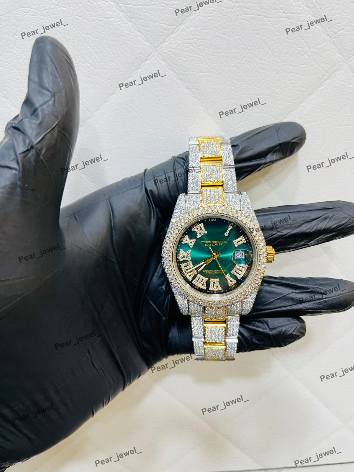 Luxury Iced Out Stainless Steel Green Dial Roman Numeral Watch For Man