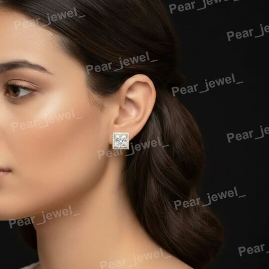 Princess Cut Halo Stud Earring Iced Out Premium