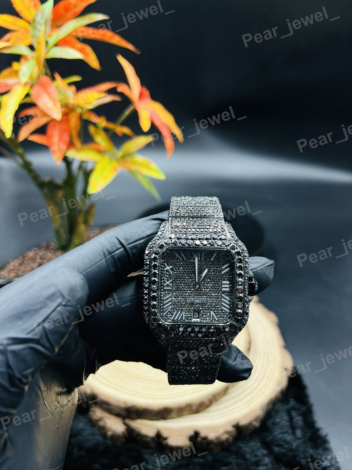 Black VVS Moissanite Diamond Hip Hop Bling Wrist Watch In Stainless Steel