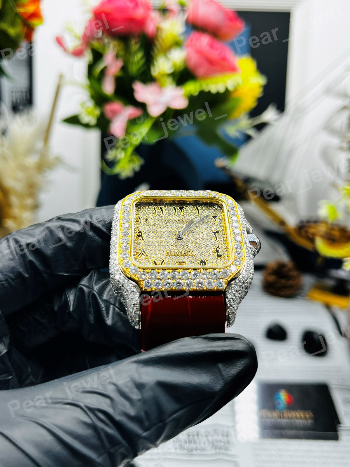 Arabic Moissanite Diamond Case Dial Iced Out Hip Hop Bling Wrist Watch