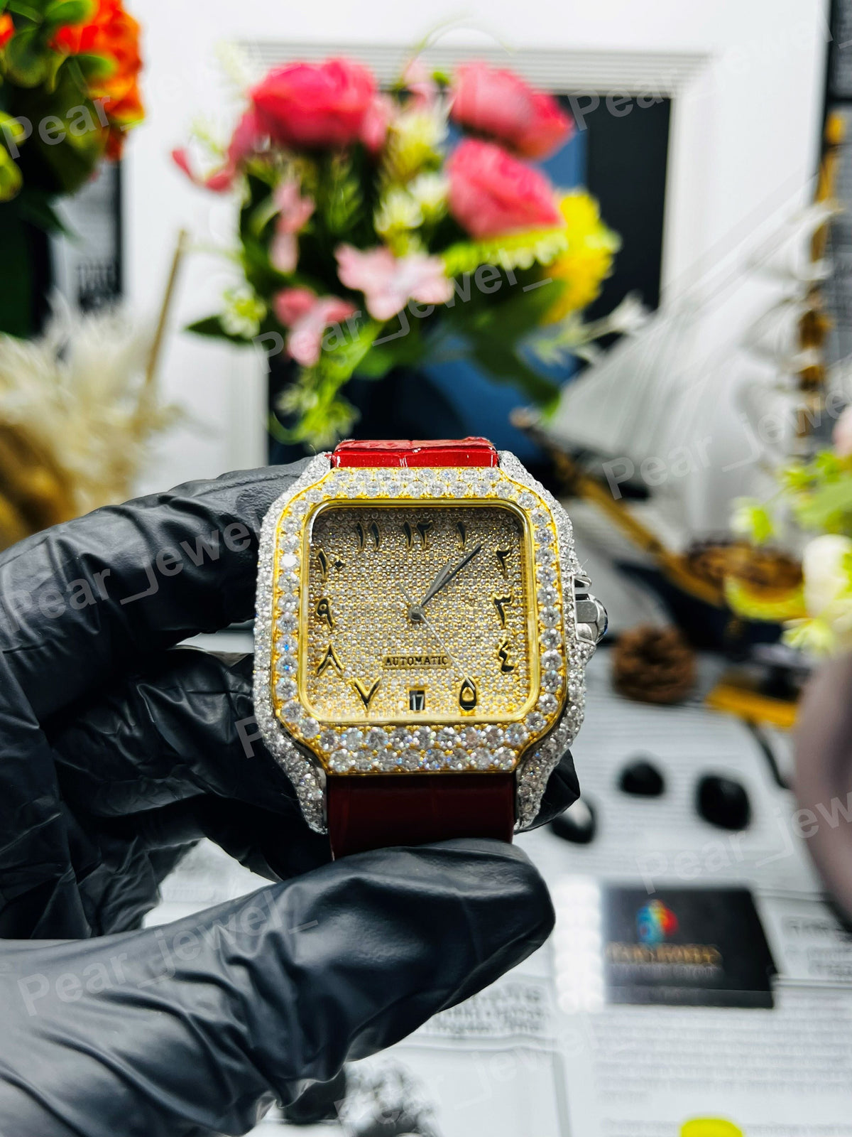 Arabic Moissanite Diamond Case Dial Iced Out Hip Hop Bling Wrist Watch