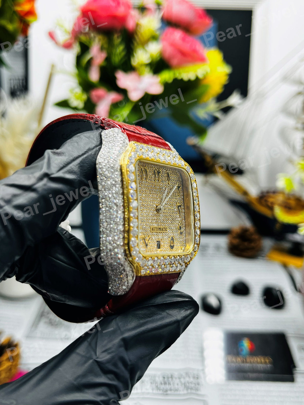 Arabic Moissanite Diamond Case Dial Iced Out Hip Hop Bling Wrist Watch