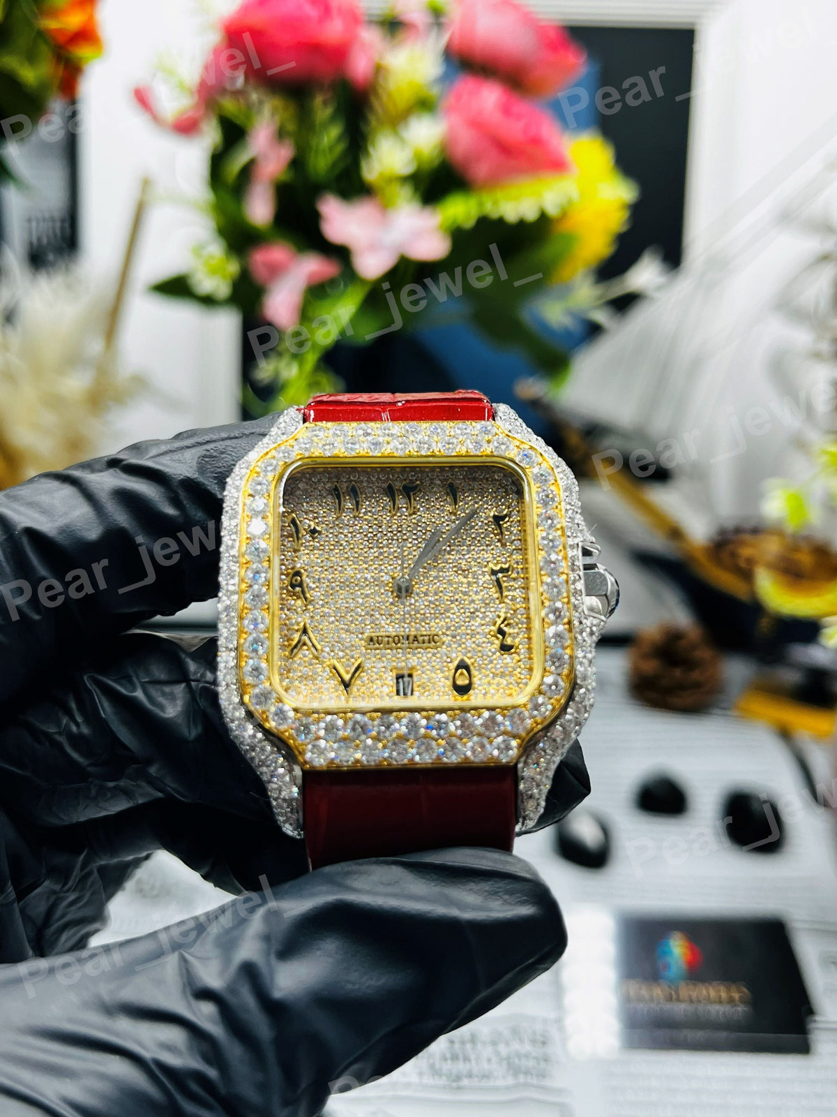 Arabic Moissanite Diamond Case Dial Iced Out Hip Hop Bling Wrist Watch