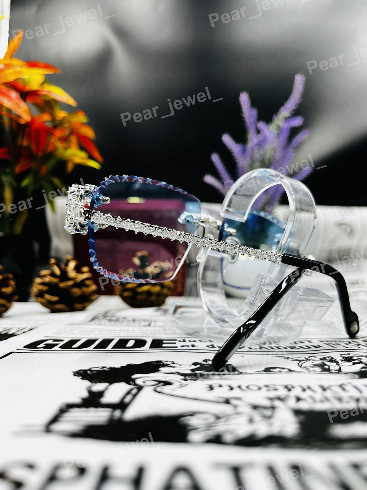 Iced Out Silver Rimless Sunglasses Moissanite Diamond Blue Glasses