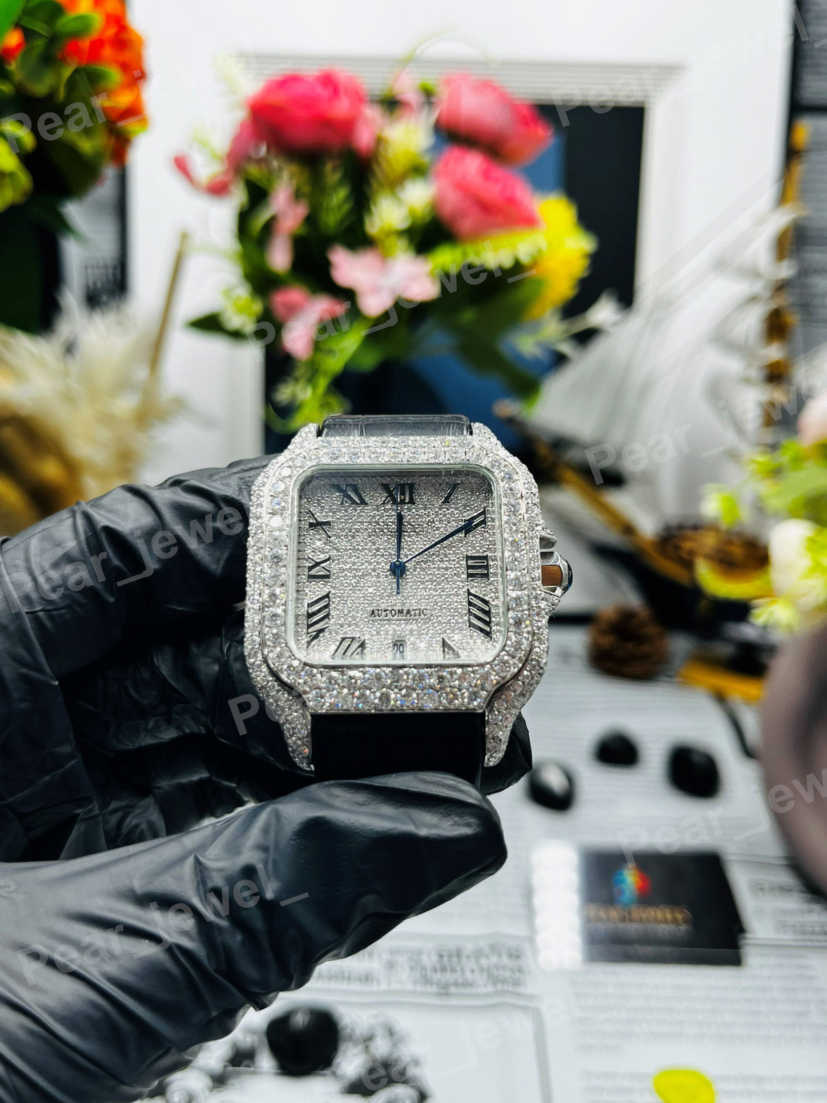 Iced Out Round Cut Moissanite Diamond Roman Case Dial Bust Down Watch