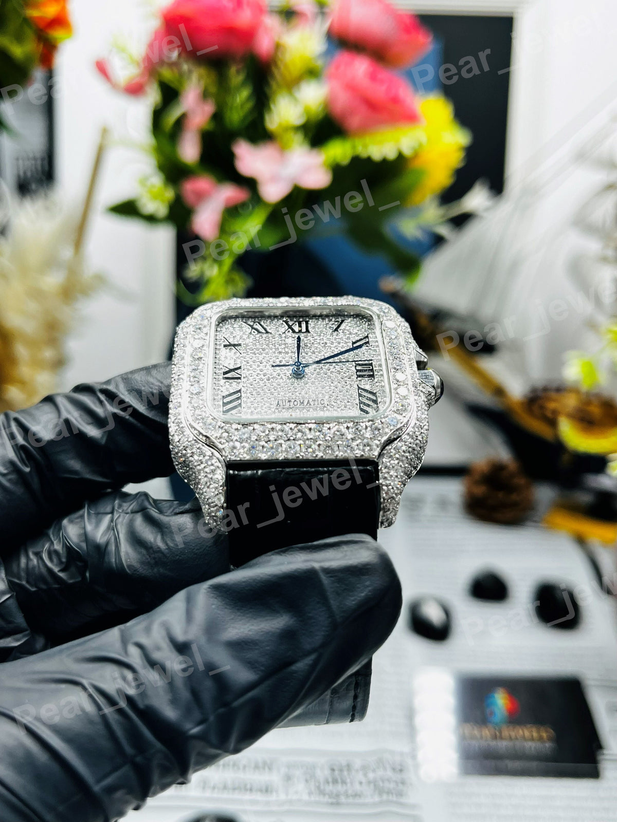 Iced Out Round Cut Moissanite Diamond Roman Case Dial Bust Down Watch