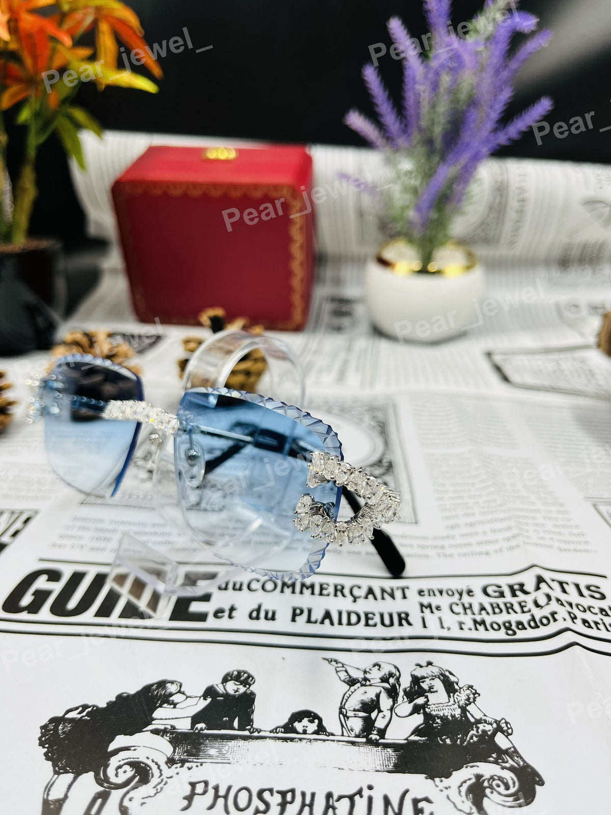 Iced Out Silver Rimless Sunglasses Moissanite Diamond Blue Glasses