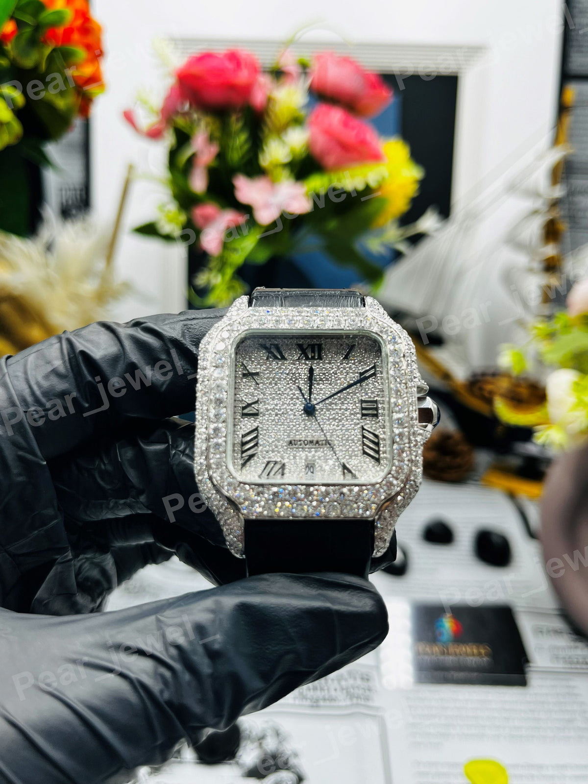 Iced Out Round Cut Moissanite Diamond Roman Case Dial Bust Down Watch