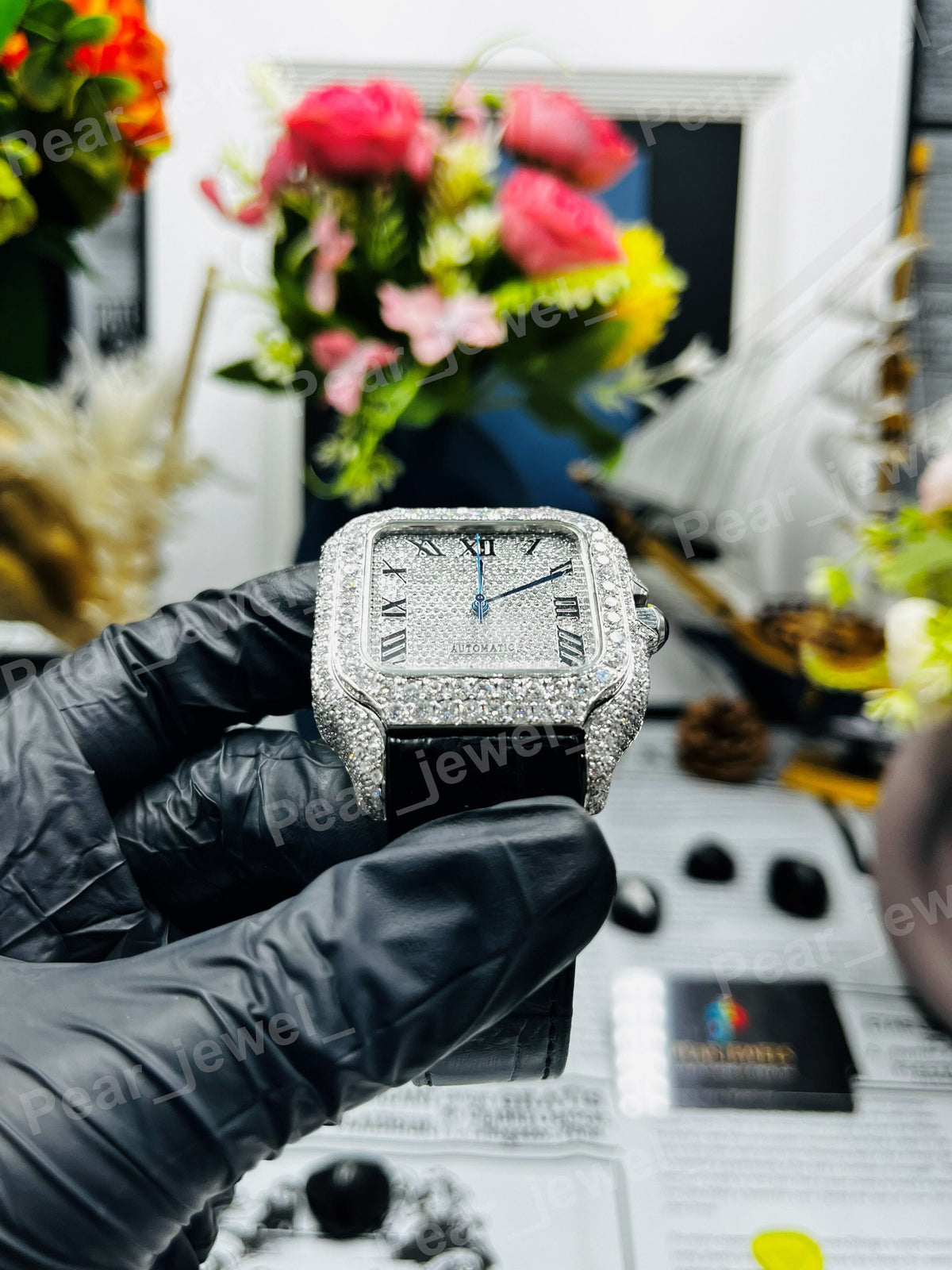 Iced Out Round Cut Moissanite Diamond Roman Case Dial Bust Down Watch