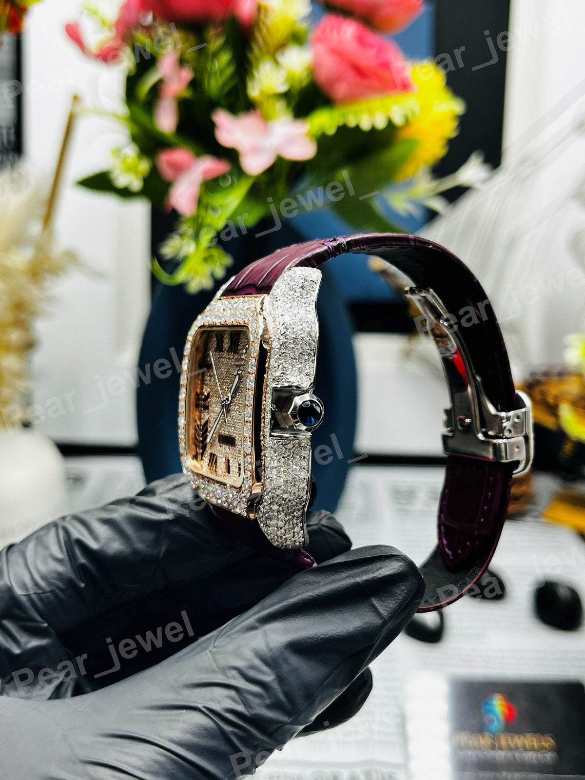 Iced Out Round Cut Moissanite Diamond Roman Numeral Case Dial Watch