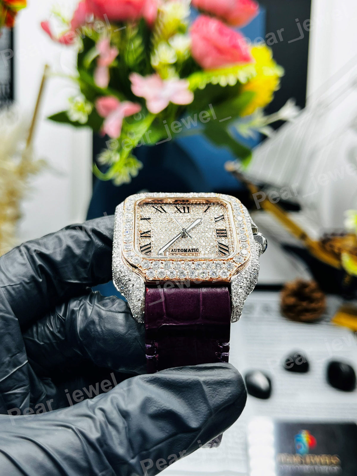 Iced Out Round Cut Moissanite Diamond Roman Numeral Case Dial Watch