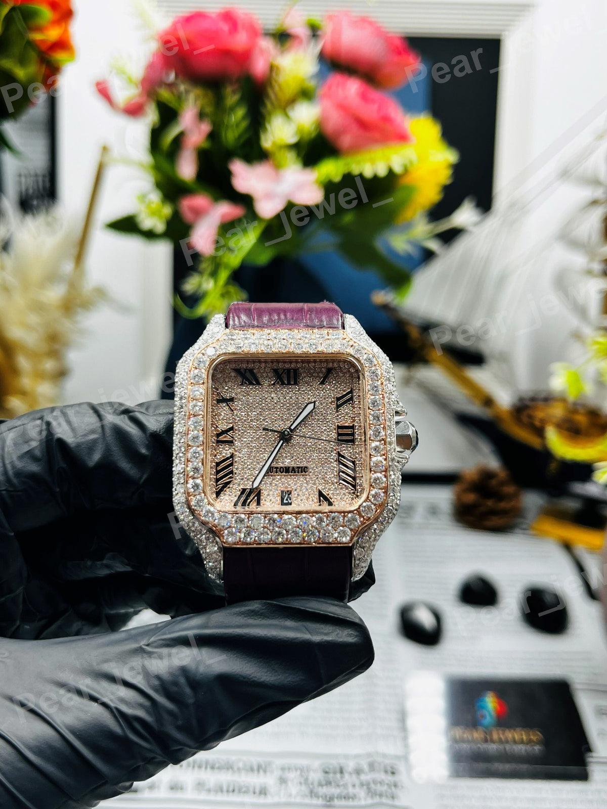 Iced Out Round Cut Moissanite Diamond Roman Numeral Case Dial Watch