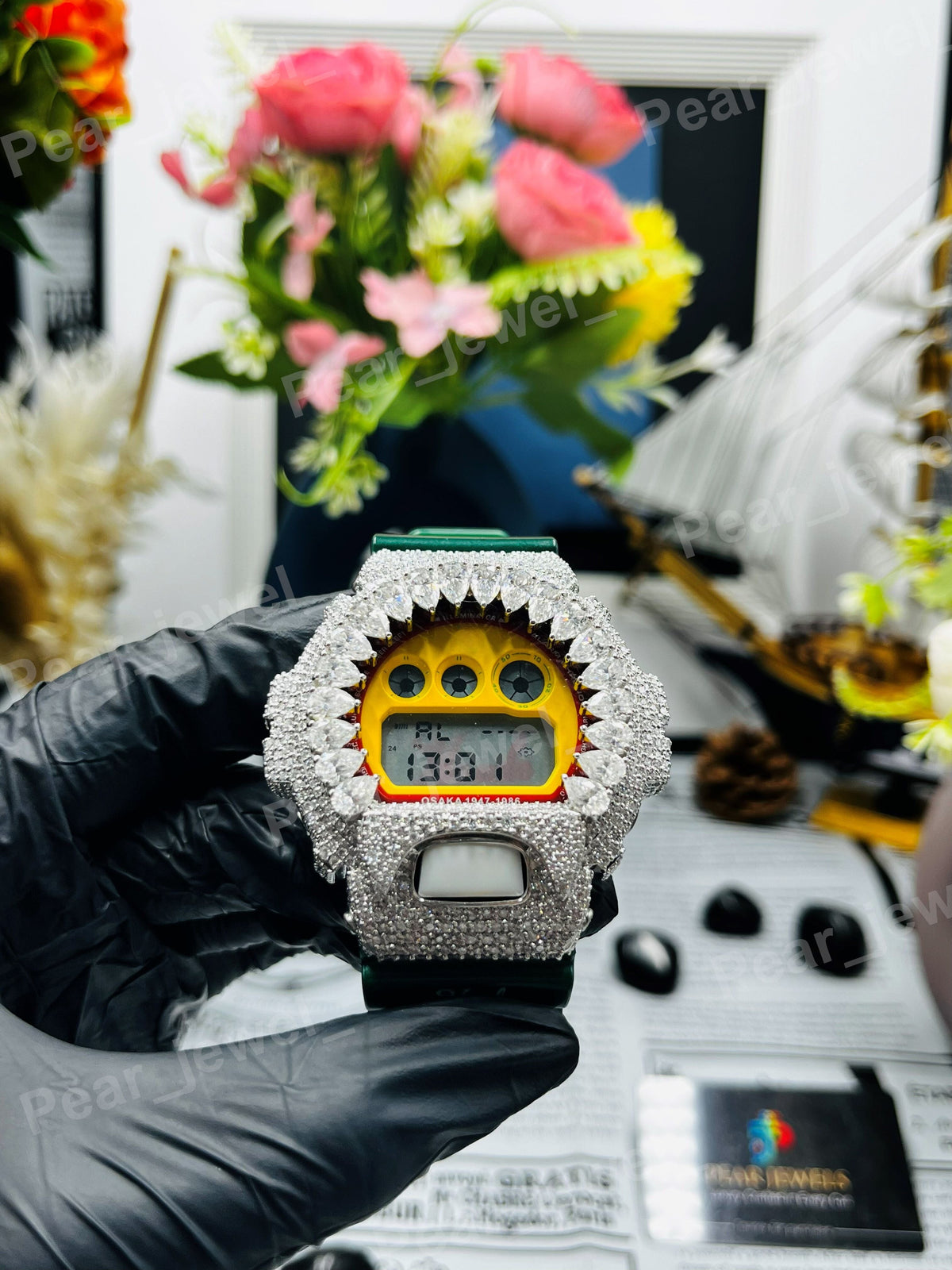 Iced Out Yellow Case Dial Moissanite Diamond Bust Down Hip Hop Watch For Party Wear