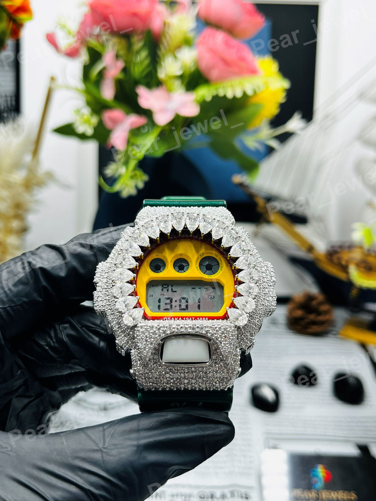 Iced Out Yellow Case Dial Moissanite Diamond Bust Down Hip Hop Watch For Party Wear