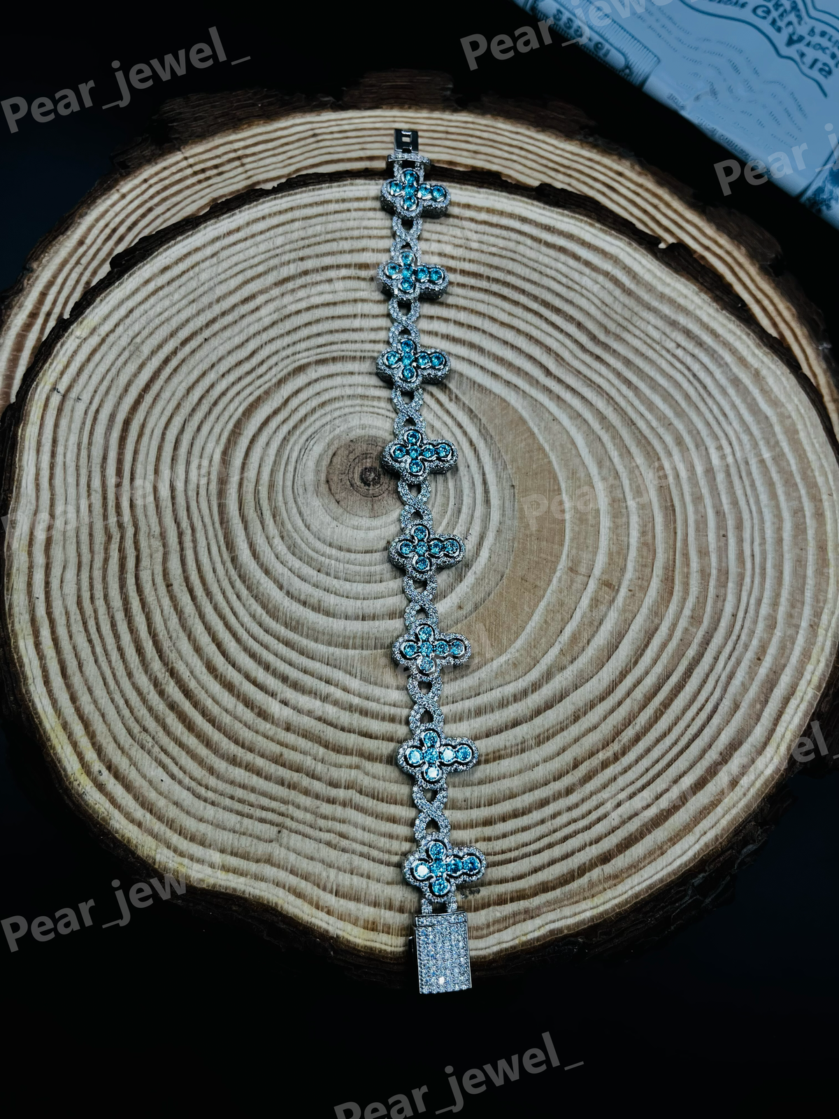 Iced Out Silver Cross Link Blue Moissanit Diamond Bracelet