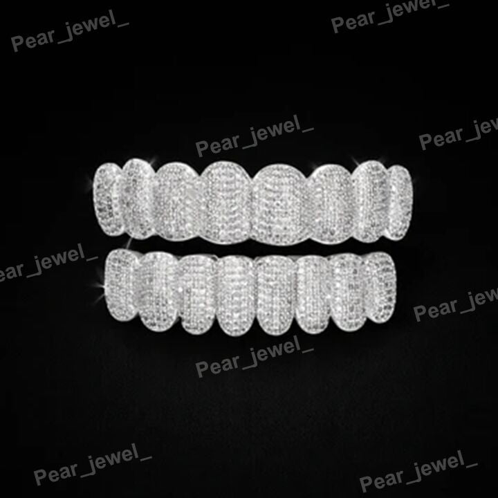 Silver Iced Out Grillz Moissanite Diamond Hip Hop Teeth Caps
