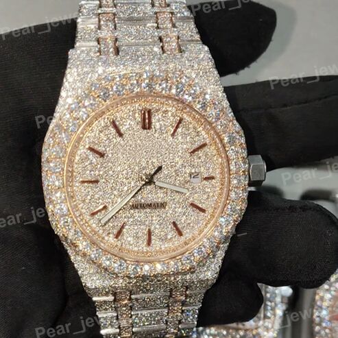 Iced Out Automatic VVS Moissanite Diamond Watch In Stainless Steel
