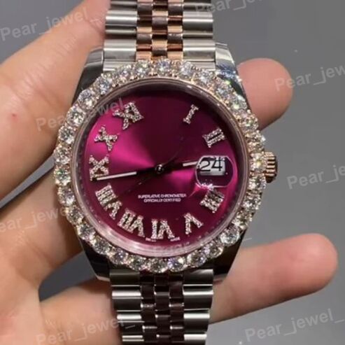 Stainless Steel Iced Out VVS Moissanite Diamond Pink Dial Watch
