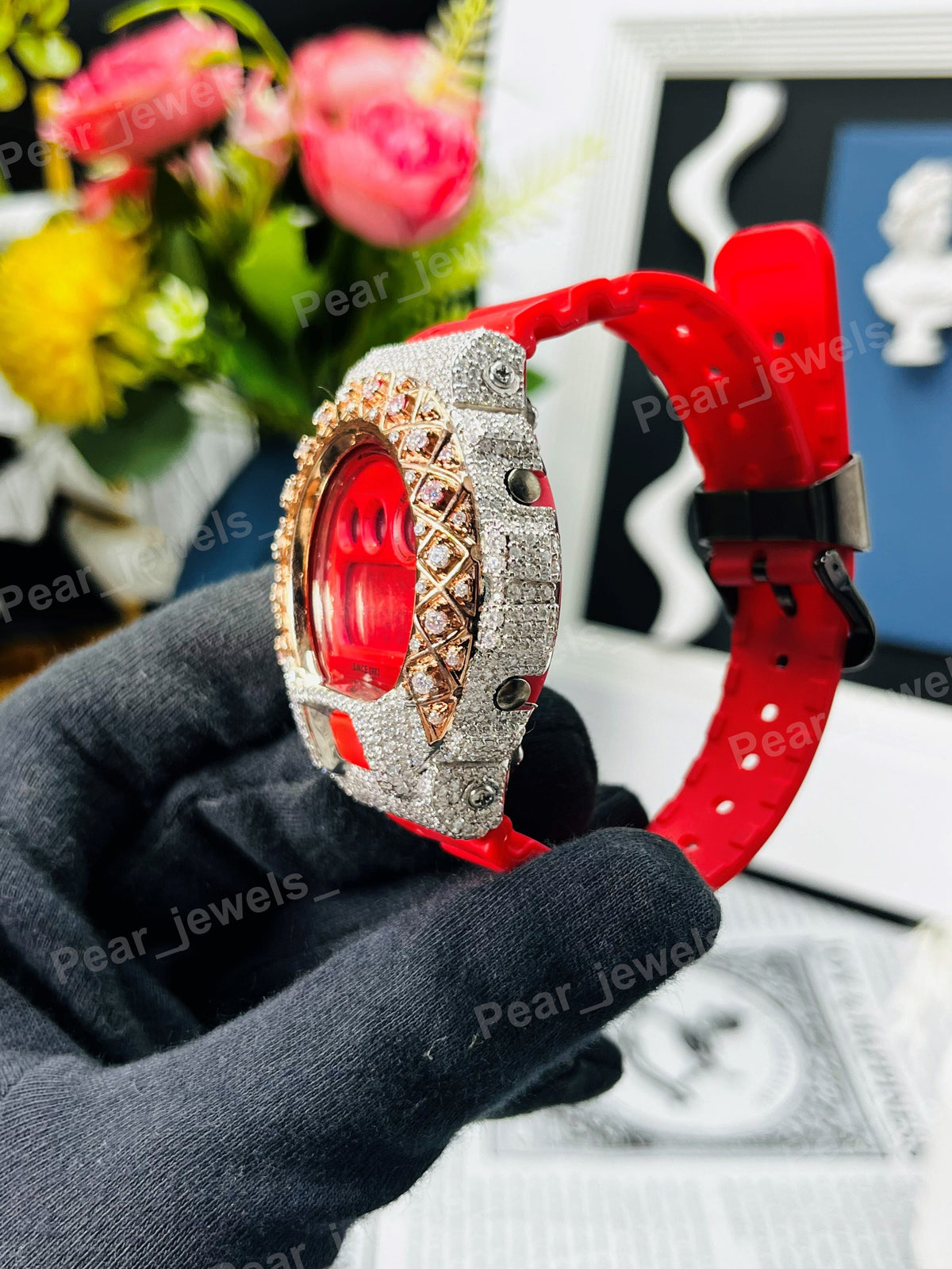 Iced Out Round Cut Moissanite Diamond Bezel Bust Down Men's Watch