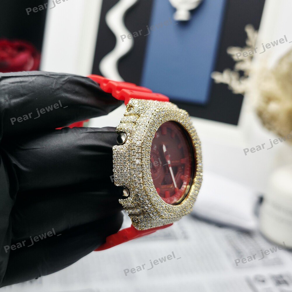 Red Dial Case Iced Out Moissanite Wrist Analog-Digital Watch For Party Wear