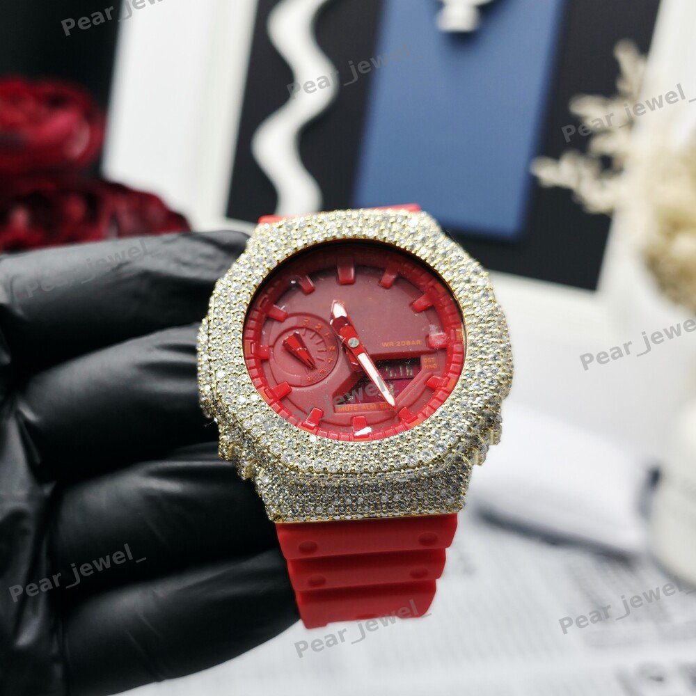 Red Dial Case Iced Out Moissanite Wrist Analog-Digital Watch For Party Wear