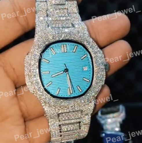Blue Dial Iced Out Stainless Steel VVS Moissanite Diamond Watch