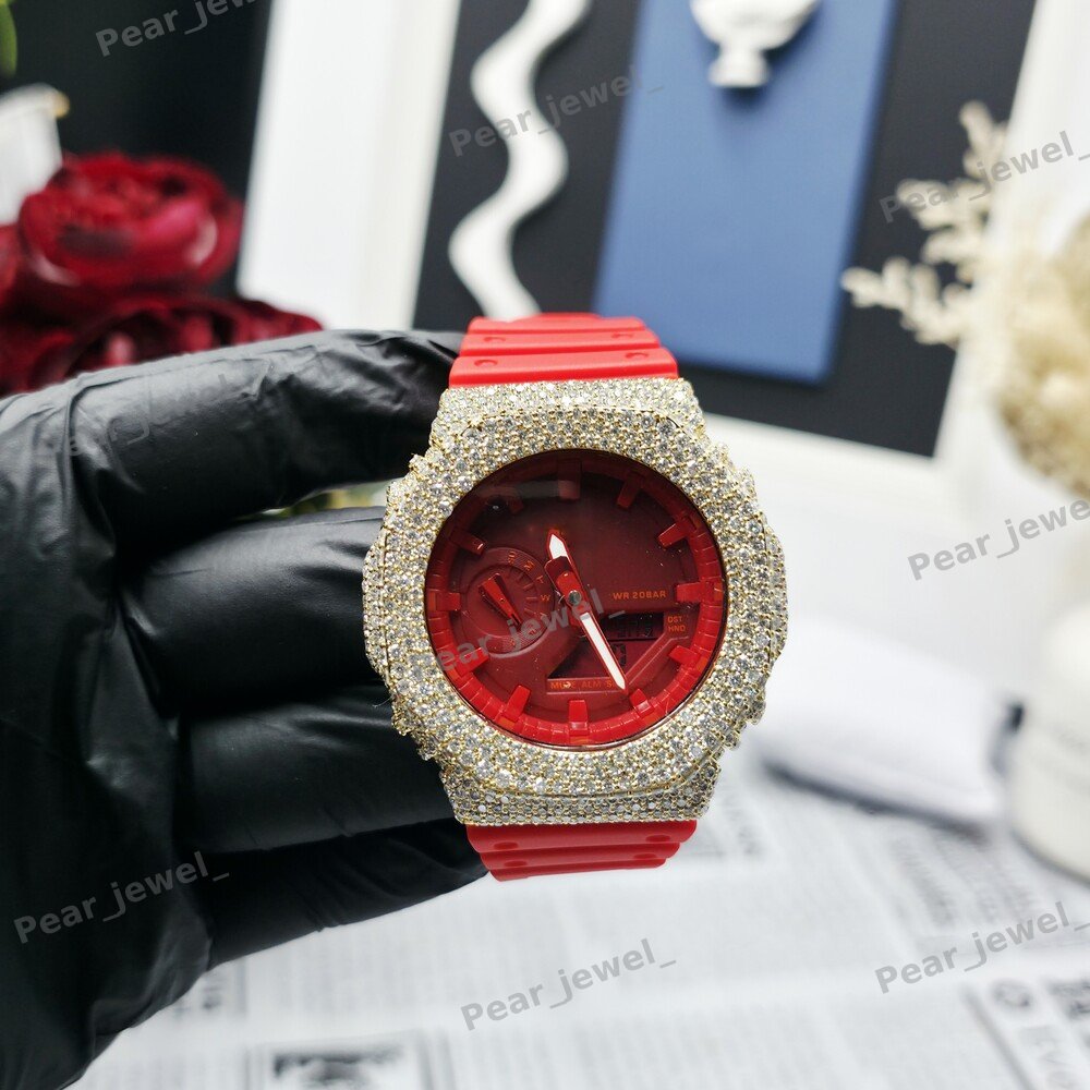 Red Dial Case Iced Out Moissanite Wrist Analog-Digital Watch For Party Wear