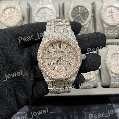 Iced Out Automatic VVS Moissanite Diamond Watch In Stainless Steel