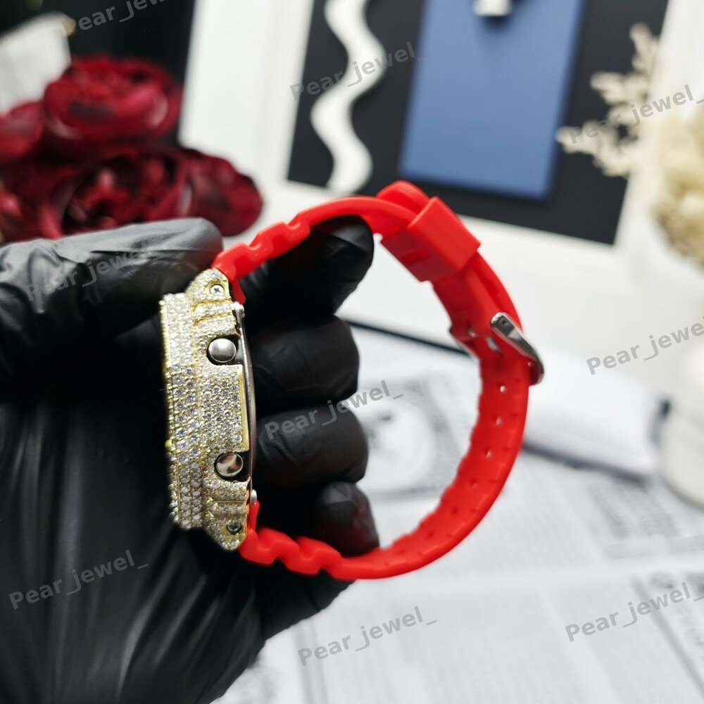 Red Dial Case Iced Out Moissanite Wrist Analog-Digital Watch For Party Wear