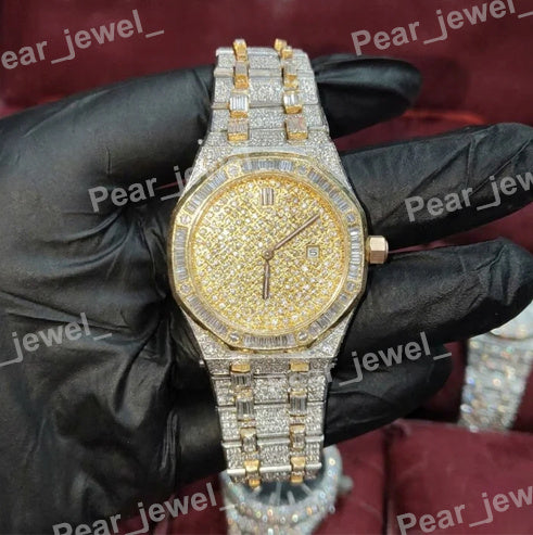 Hiphop Iced Out Stainless Steel Baguette Moissanite Diamond Wrist Watch