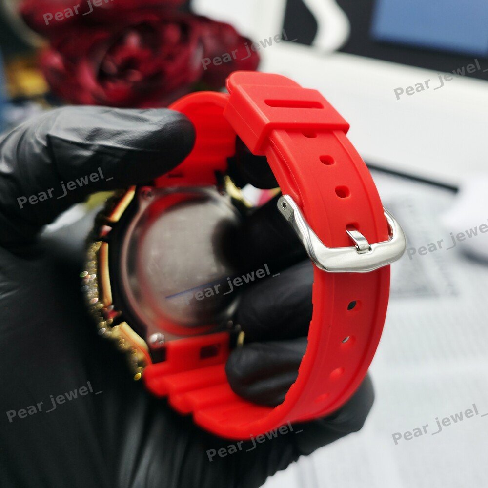 Red Dial Case Iced Out Moissanite Wrist Analog-Digital Watch For Party Wear