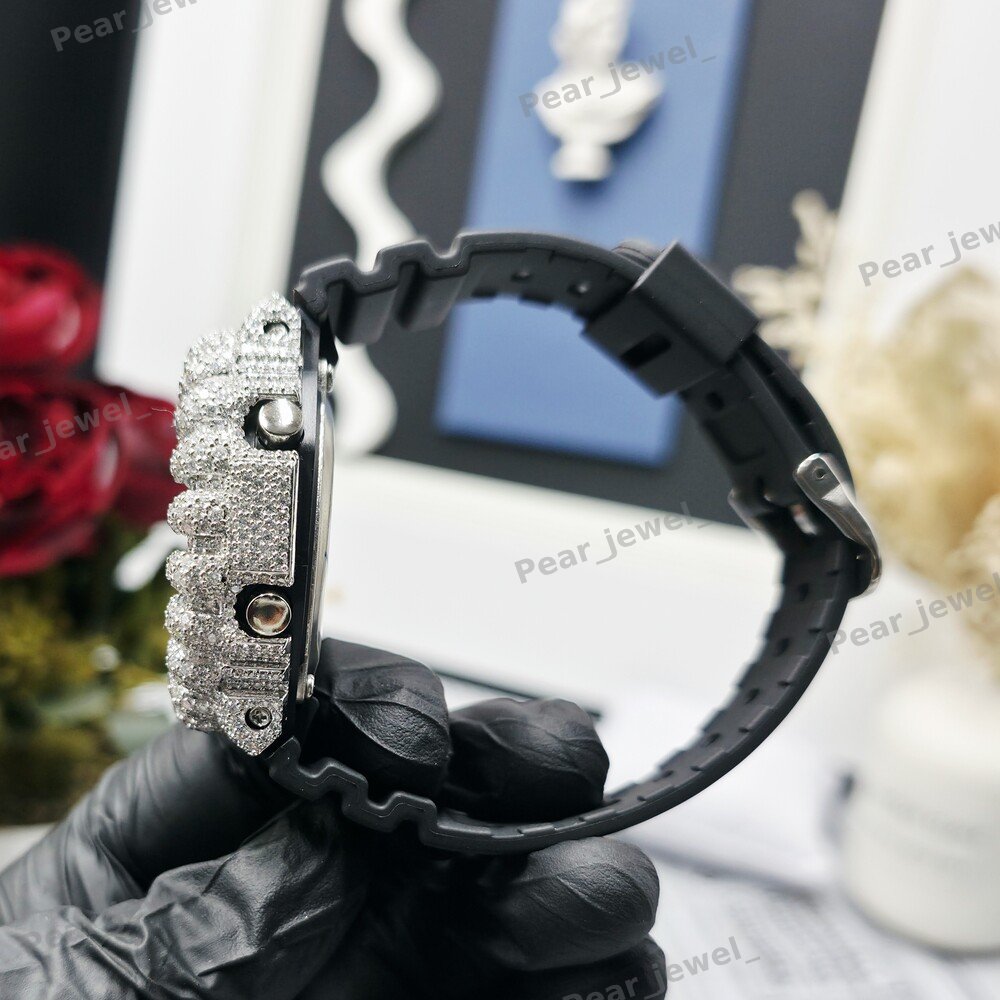 Iced Out Moissanite Diamond Black Case Dial Digital Bust Down Watch
