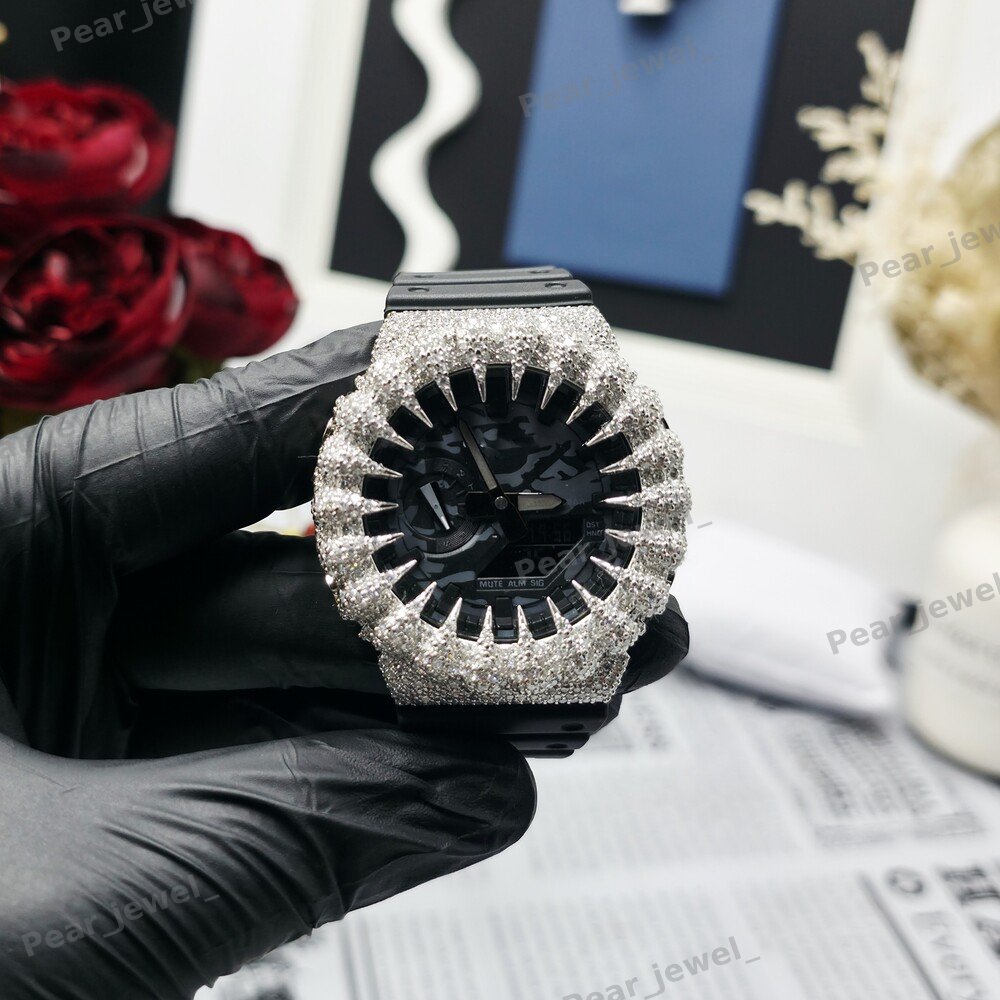 Iced Out Moissanite Diamond Black Case Dial Digital Bust Down Watch