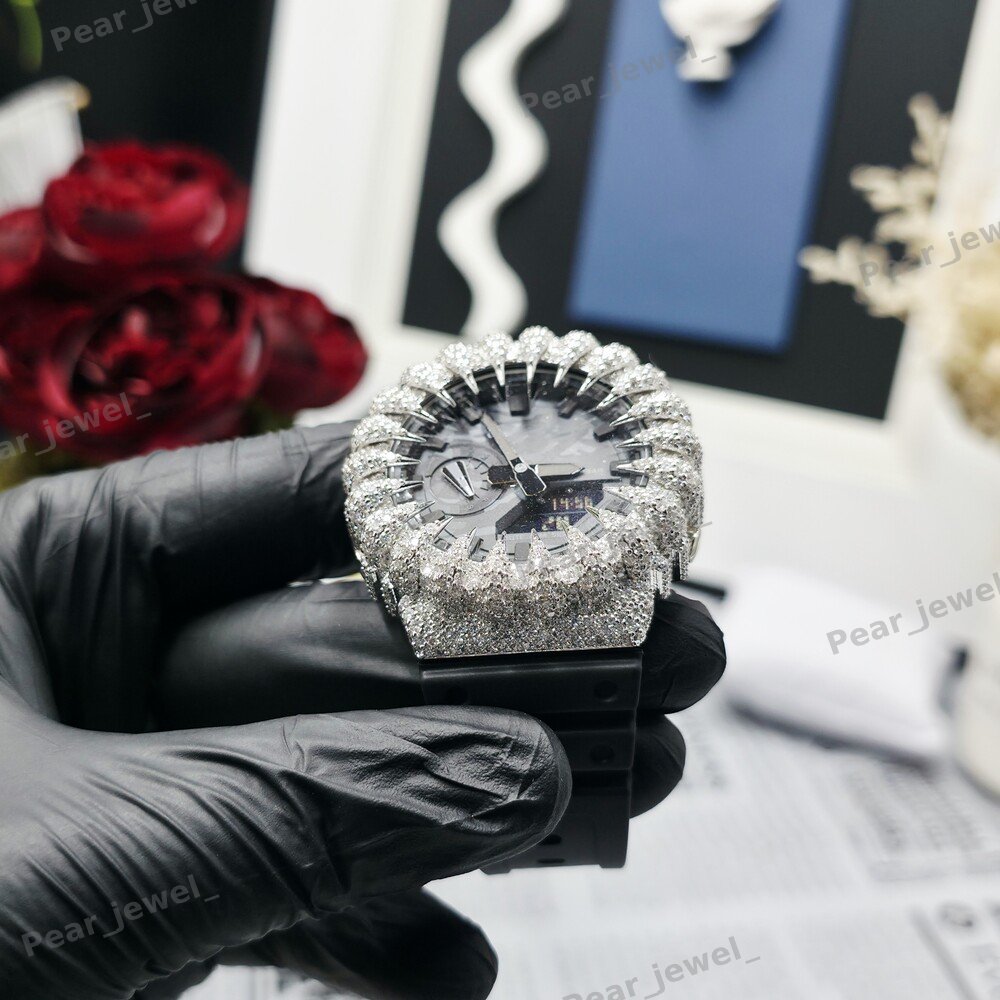 Iced Out Moissanite Diamond Black Case Dial Digital Bust Down Watch