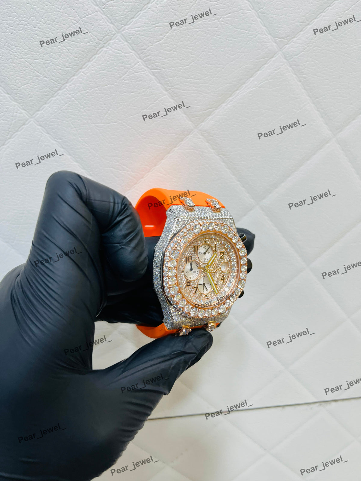 Iced Out VVS Moissanite Diamond Chronograph Hip Hop Watch Orange Strap
