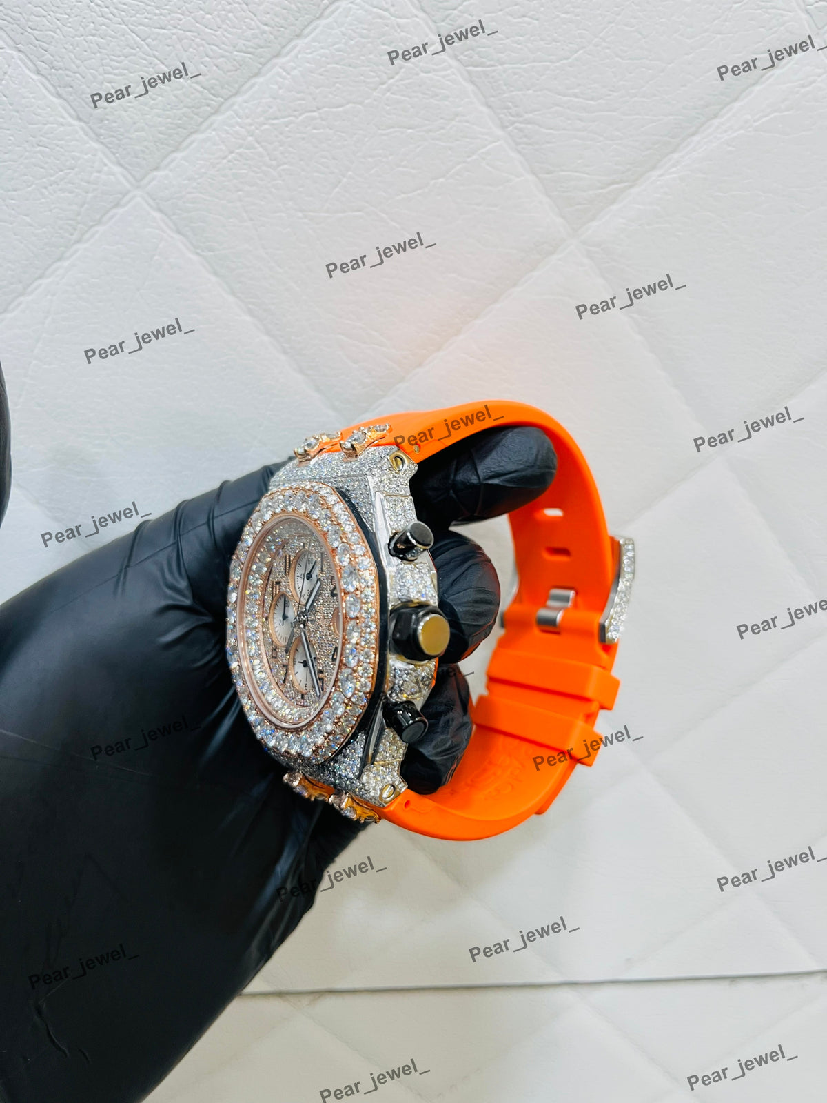 Iced Out VVS Moissanite Diamond Chronograph Hip Hop Watch Orange Strap