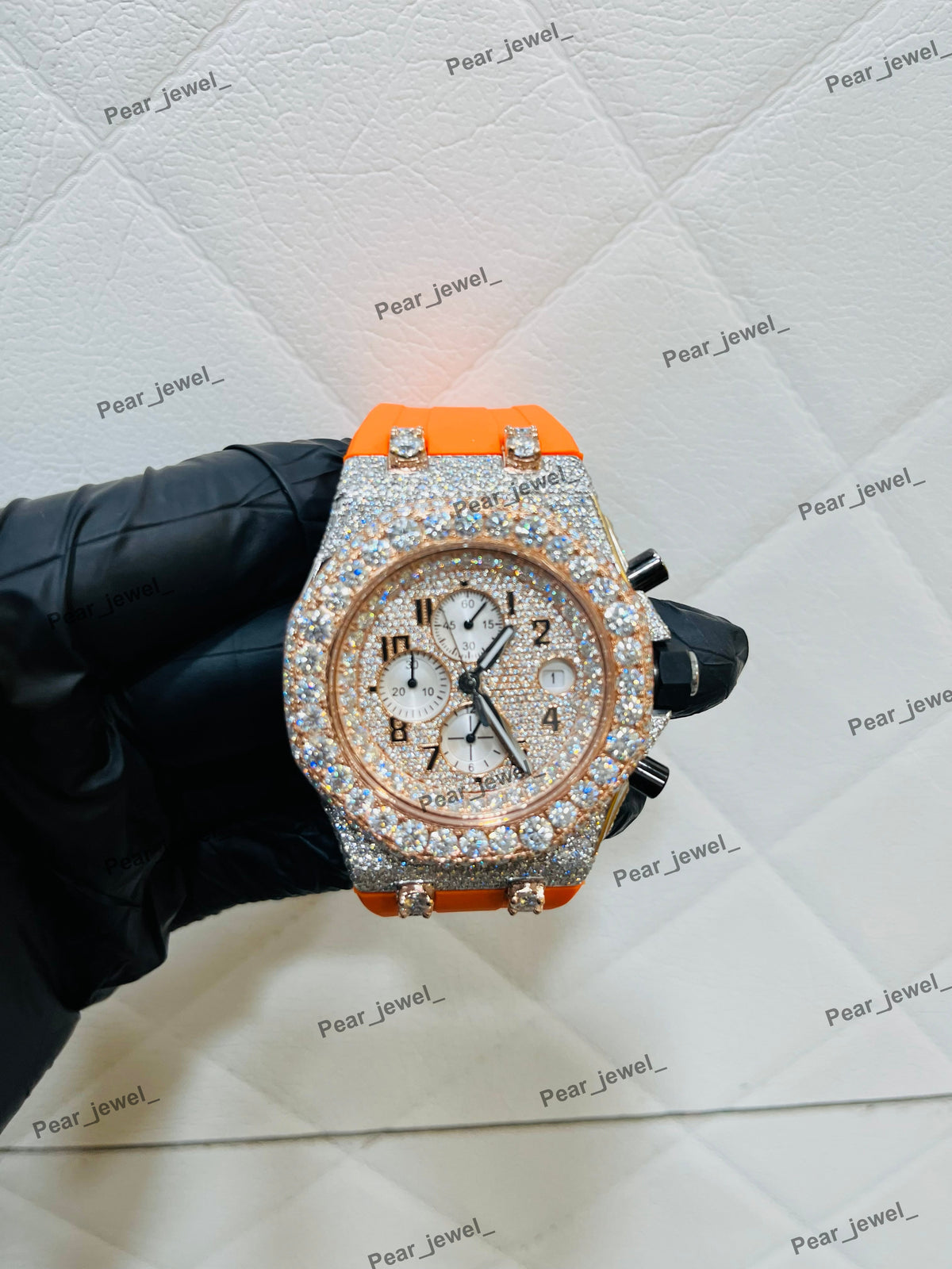 Iced Out VVS Moissanite Diamond Chronograph Hip Hop Watch Orange Strap