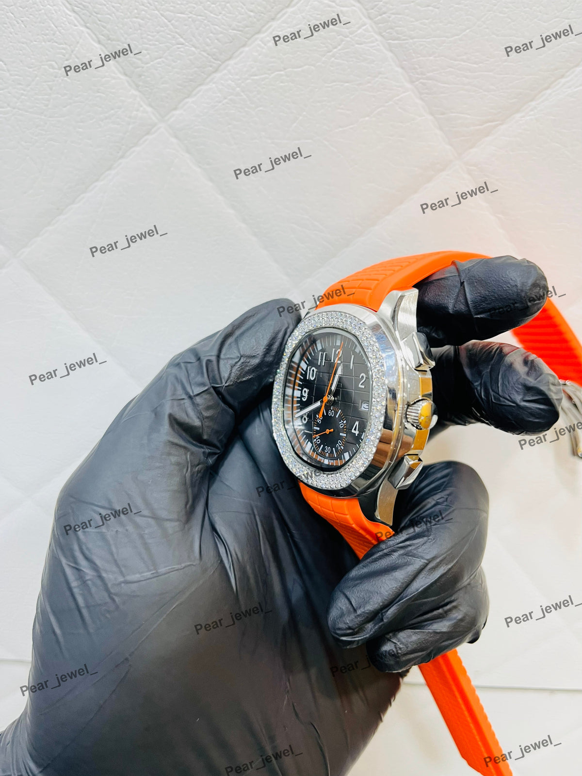 Iced Out Moissanite Daimond Bezel Sport Watch Orange Strap Steel