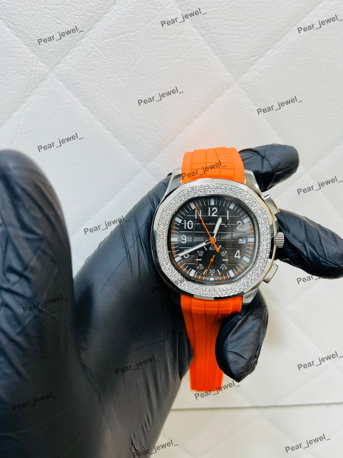 Iced Out Moissanite Daimond Bezel Sport Watch Orange Strap Steel